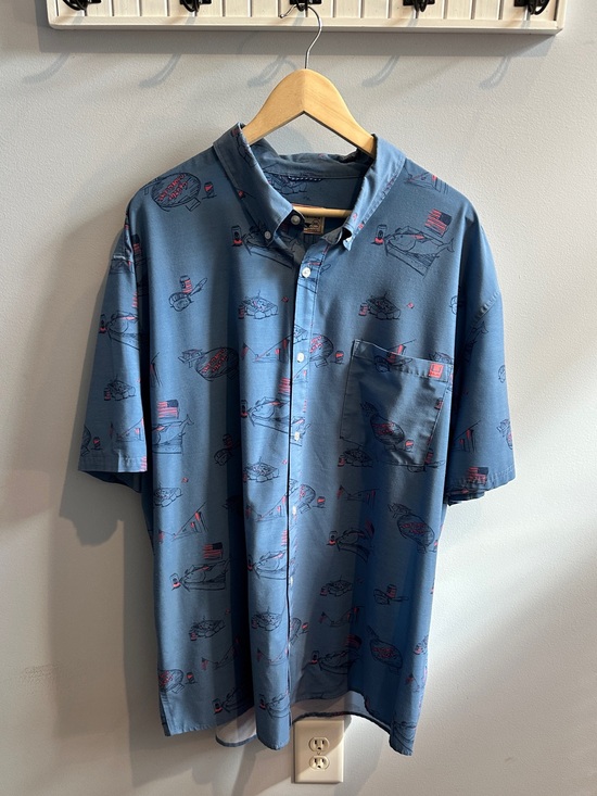 Huk Other - Huk Short-Sleeve Button-Down Shirt in Blue with Red American Accent Print